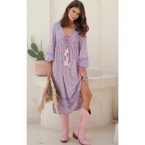 Mahli The Label Neon Moon Berry Purple Flowers Boho Midi Dress Large XL Cottage